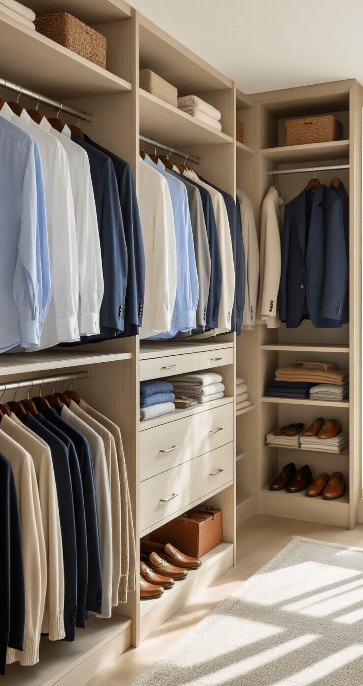 Bright, airy walk-in closet with floor-to-ceiling windows, showcasing a meticulously organized wardrobe with hanging oxford shirts, pressed wool trousers, structured blazers, and a center island of folded cashmere sweaters, complemented by leather accessories and classic loafers on built-in shelving, all illuminated by late morning light.