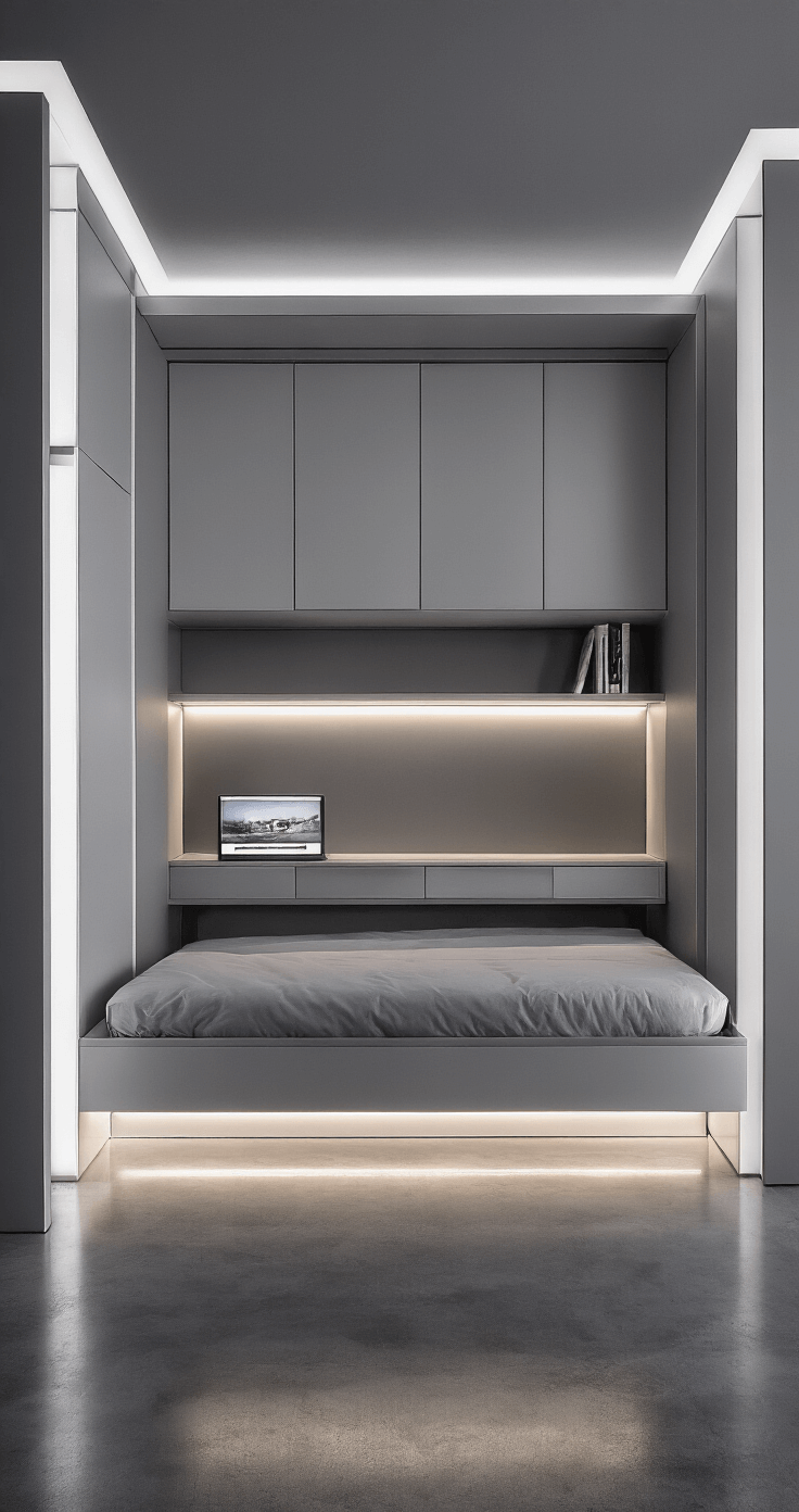 A modern chic bedroom measuring 9x11ft at dusk, featuring a closed Murphy bed that reveals a sleek built-in desk, a monochromatic grey color scheme with chrome accents, ambient LED strip lighting behind floating shelves, and polished concrete flooring reflecting uplighting, all captured from a high angle.