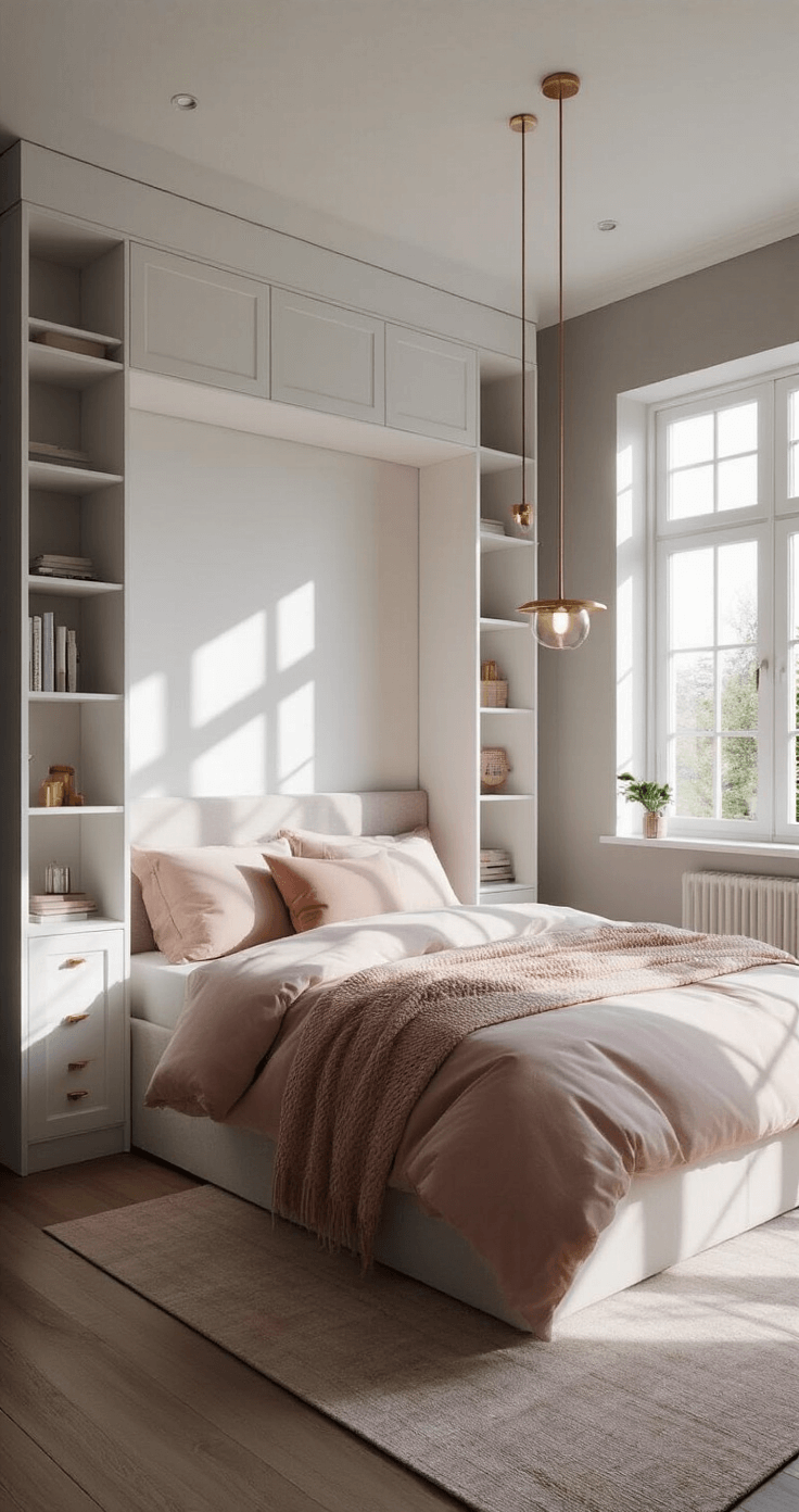 Cozy 10x10ft bedroom with dramatic vertical storage, featuring a queen bed with integrated storage headboard, framed by a floor-to-ceiling white bookshelf. Afternoon light casts geometric shadows through gridded windows, complemented by a slim brass floor lamp and pendant lighting. The walls are cool grey with blush accents in textiles, emphasizing vertical lines and storage solutions.