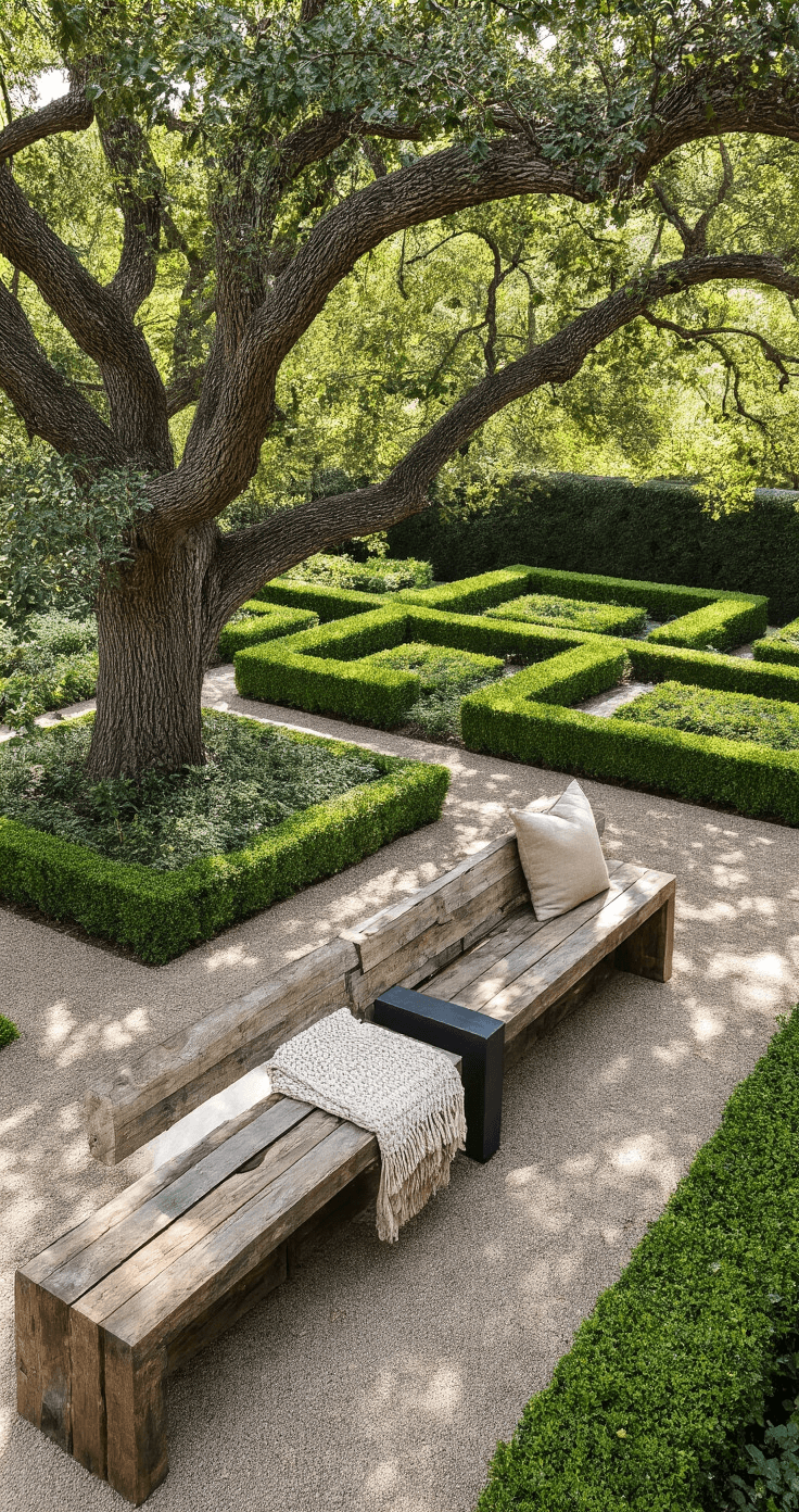 A bird's eye view of a modern farmhouse garden featuring a mixed material bench of reclaimed barn wood and blackened steel under an ancient oak tree, surrounded by a geometric boxwood parterre. Vintage grain sack cushions and hand-knit throws add comfort, while dramatic shadows play across the garden layout, creating a refined rustic atmosphere.