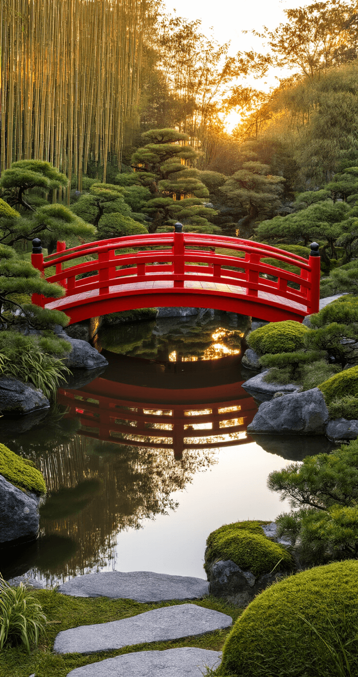 A serene Japanese garden at golden hour featuring a red cedar bridge over a koi pond, with reflections on still water, surrounded by bonsai and cloud-pruned pines, stone pathways, and illuminated details.