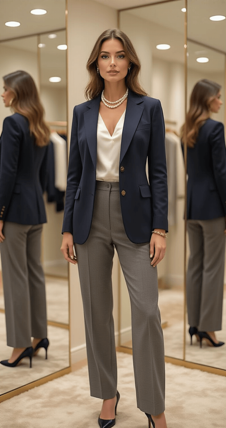 A woman in a modern luxury boutique fitting room stands in front of a three-way mirror, trying on a tailored navy blazer over an ivory silk shell and high-waisted gray wool trousers, accessorized with pearls, a subtle gold bracelet, and classic leather pumps, surrounded by plush carpet and brass fixtures under diffused overhead lighting.