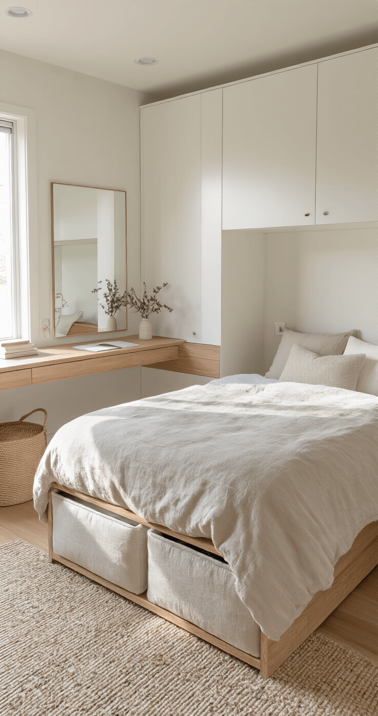 A sunlit minimalist bedroom featuring multifunctional furniture, including an ottoman bed with hidden storage mid-transformation, a corner desk that folds into a wall-mounted cabinet, and strategically placed mirrors. The light oak and white color palette is complemented by natural linen textures and subtle metallic accents, captured from an elevated angle to highlight space efficiency.
