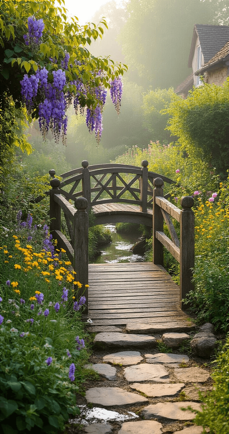 An English cottage garden at dawn features a weathered wooden footbridge over a stream, adorned with climbing roses and wisteria, surrounded by wildflowers. The scene is shrouded in soft morning mist, with dew drops sparkling in the light.