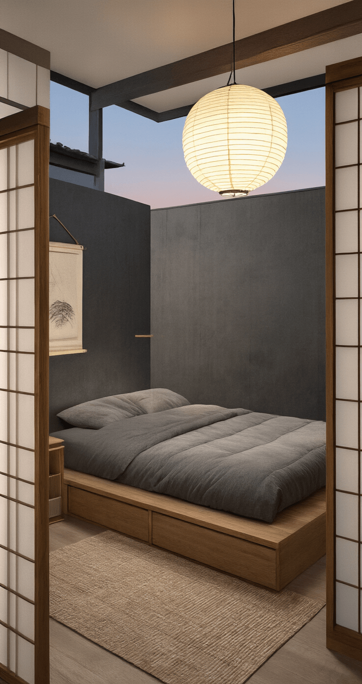 A serene 9x9ft Japandi-style bedroom at twilight, featuring a platform bed with integrated nightstands against a charcoal accent wall, a Shoji screen room divider concealing a custom closet, and a paper lantern pendant casting soft light. The low camera angle emphasizes bamboo elements and minimalist artwork, creating a zen atmosphere.