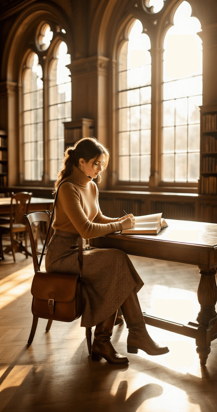 A woman studying at a carved wooden table in a historic library, wearing a camel cashmere turtleneck, checked wool midi skirt, and brown leather riding boots, with a vintage leather messenger bag and tortoiseshell reading glasses. The scene is bathed in golden afternoon light from arched windows, with her hair styled in a loose chignon, captured from an elevated angle to highlight both her outfit and the grand architectural details of the setting.