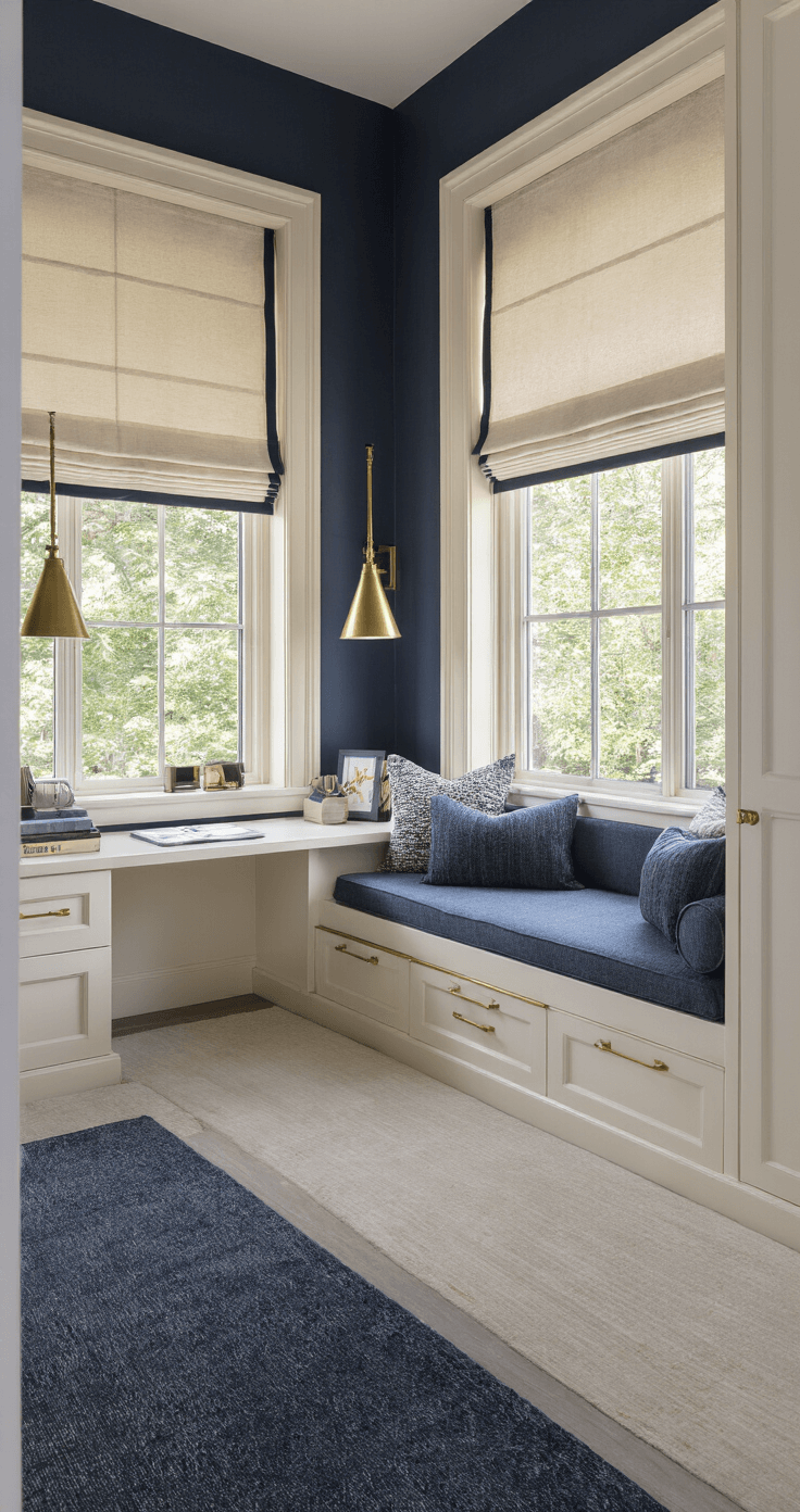 Aerial view of a contemporary small bedroom featuring an L-shaped desk around a custom bed nook, with built-in storage by a window seat. Late afternoon sunlight filters through roman blinds, highlighting a sophisticated navy and cream color palette with brass accents and mixed metal lighting fixtures.