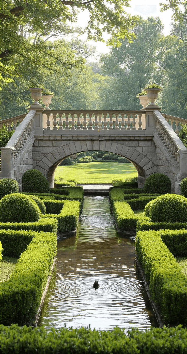 A formal limestone arch bridge with detailed balustrades spans a tranquil water feature, surrounded by manicured boxwood parterres and twin urns at the entrance, captured from a low front-facing angle at midday.