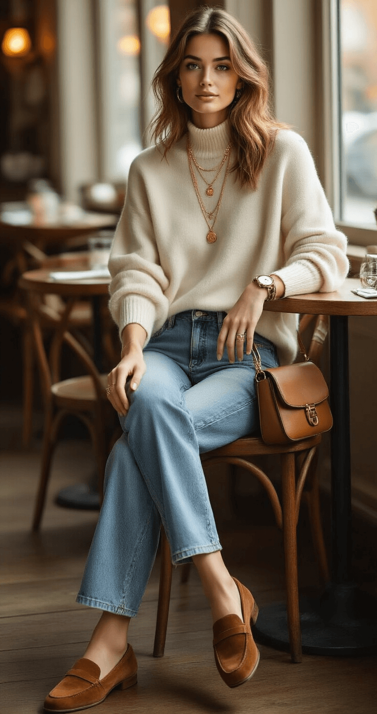 A cozy brunch scene in an upscale restaurant, featuring a woman in straight-leg jeans and a cream cashmere sweater, accessorized with layered gold necklaces, a vintage watch, and a crossbody bag. Soft window light and warm ambient lighting create a relaxed yet sophisticated atmosphere.