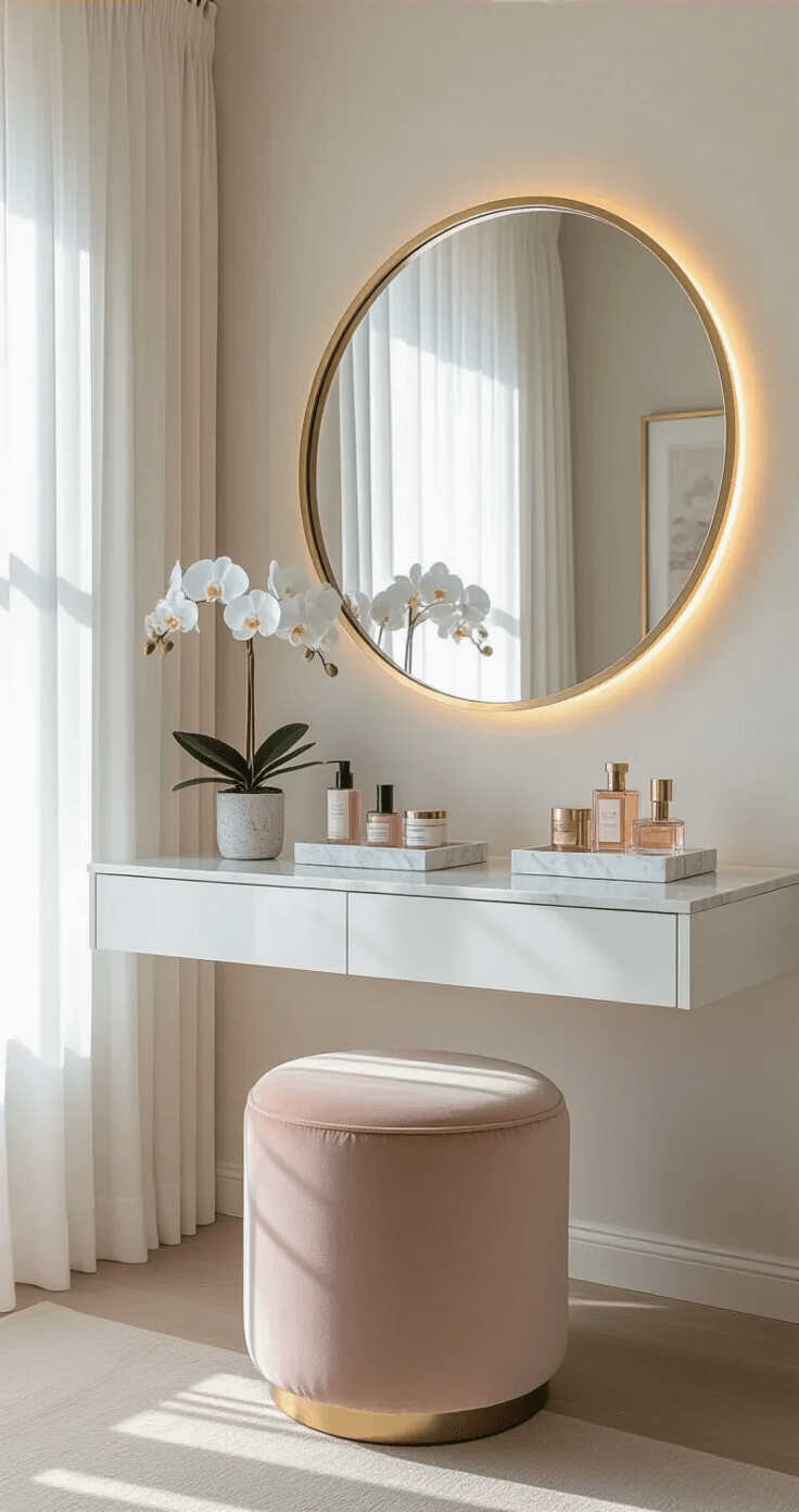 A bright master bedroom corner features a floating vanity with a brass-framed mirror, luxury skincare products on marble trays, and a blush pink velvet stool, all illuminated by morning sunlight and showcasing a crisp white, warm brass, and soft blush color palette.