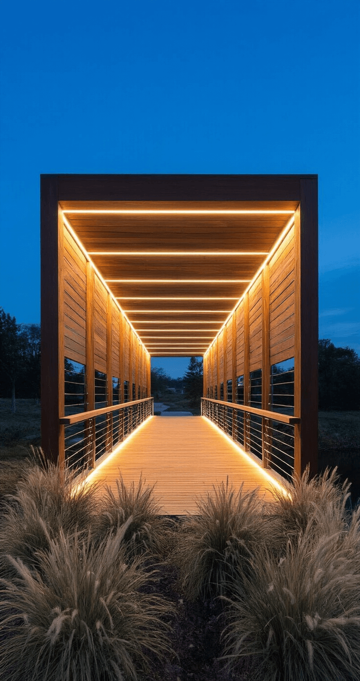 A contemporary wooden bridge at twilight, featuring LED strip lighting, minimalist design with ipe wood and steel cable railings, surrounded by ornamental grasses and dramatic shadows from strategic spotlighting.