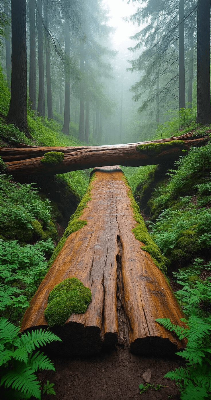 A massive cedar log forms a rustic natural bridge over a woodland ravine, adorned with moss, ferns, and wildflowers. Dappled sunlight streams through the trees, illuminating the log's curves, while a gentle fog adds a sense of mystery.