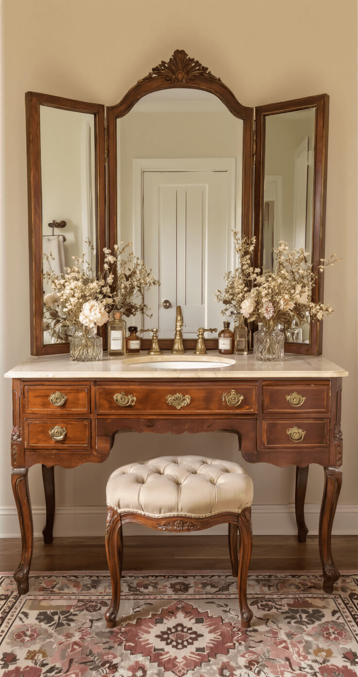 An intimate vintage-inspired vanity nook featuring a restored mahogany dresser with a cream marble top, original brass hardware, and a three-panel mirror. The setting is illuminated by warm golden hour lighting, highlighting dusty rose accents, vintage perfume bottles, and dried flowers in crystal vases, alongside a tufted Victorian-style vanity chair.