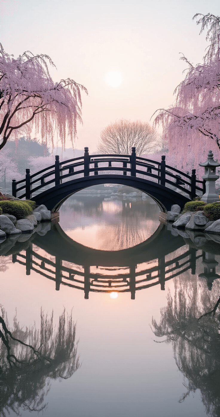 Dawn photograph of an Asian-inspired moon bridge with a circular reflection in still water, framed by weeping cherry trees and carved stone lanterns, illuminated by soft pink sunrise light.