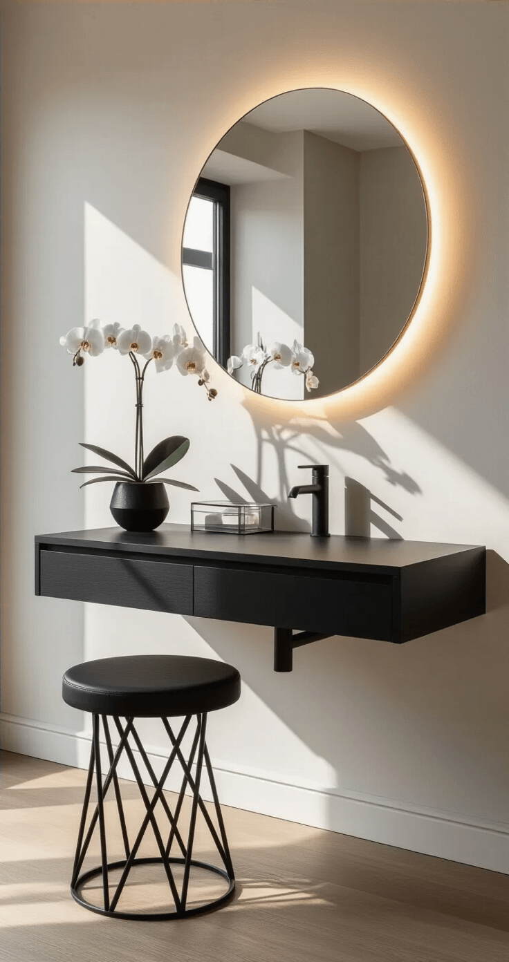A modern minimalist bedroom corner featuring a wall-mounted black oak vanity with an oversized round mirror and integrated LED lighting, complemented by a geometric black metal stool. Mid-morning light casts clean shadows, highlighting the sleek acrylic organizers and a single orchid in a black ceramic pot against a color palette of matte black, warm oak, brushed silver, and white accents.
