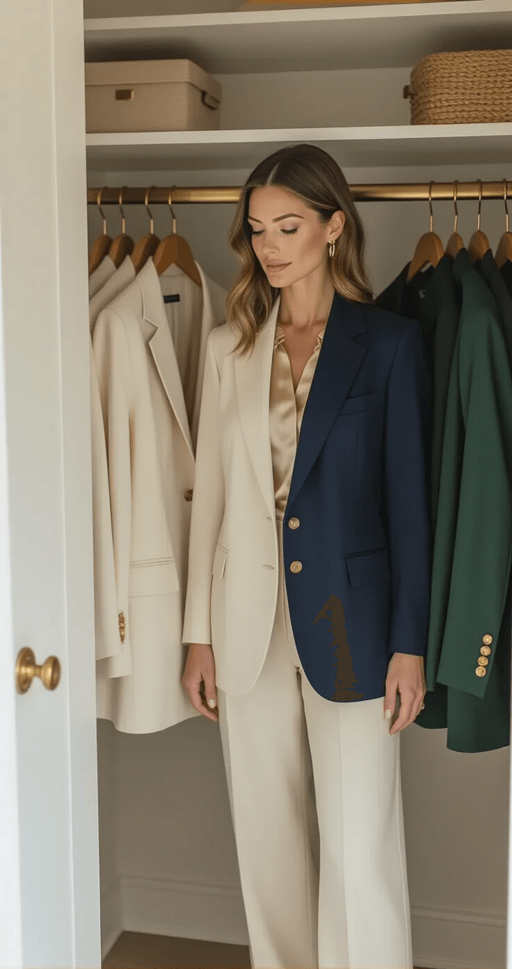 A woman selects a fitted navy blazer from a bright, organized walk-in closet, wearing high-waisted ivory wool trousers and a tucked-in silk champagne blouse, with gold hoop earrings. The closet features tailored blazers in navy, cream, and forest green, with a neutral interior and brass hardware.