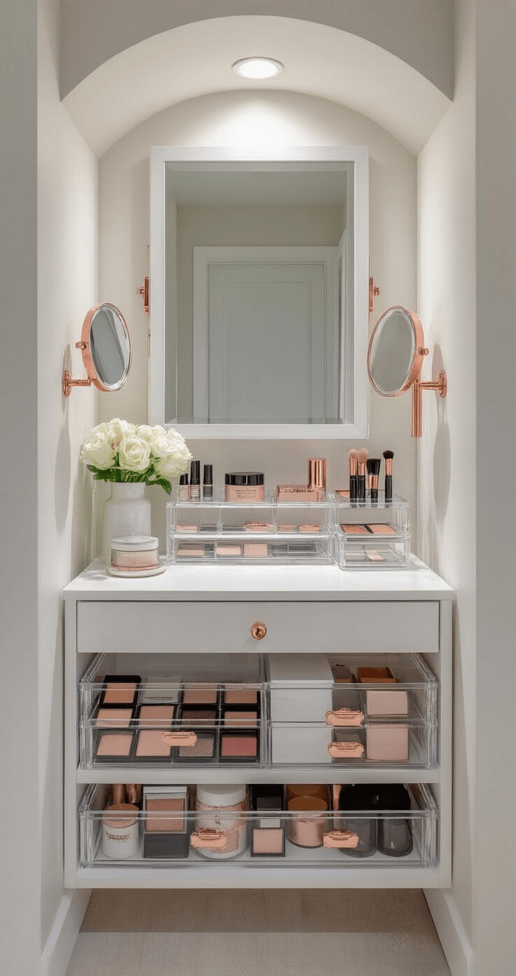 A compact vanity alcove with smart storage solutions, featuring a white vanity, glass-front drawers showcasing organized makeup, a folding mirror, and rose gold accents, illuminated by diffused afternoon light.