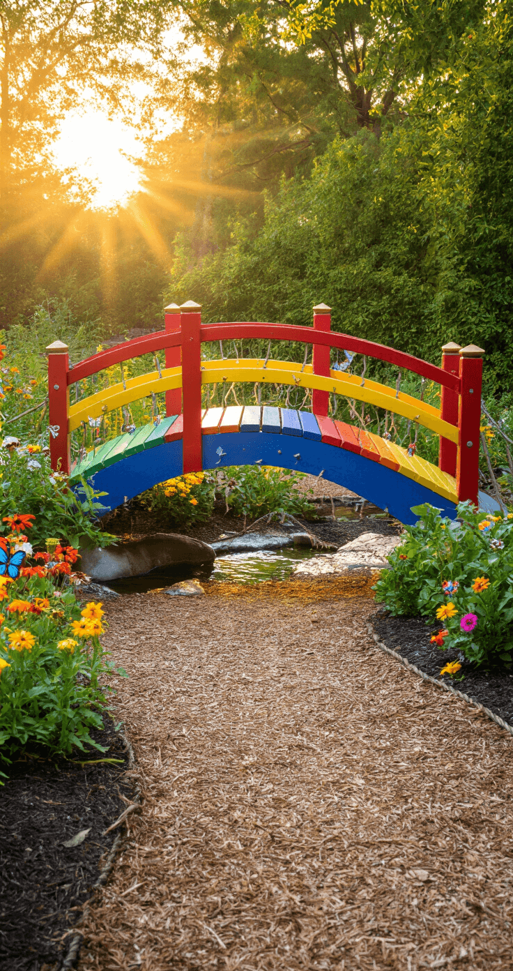 A whimsical children's garden bridge with rainbow-colored planks and rope railings, surrounded by butterfly-attracting flowers and a gentle water feature, captured from a low angle in soft golden light.
