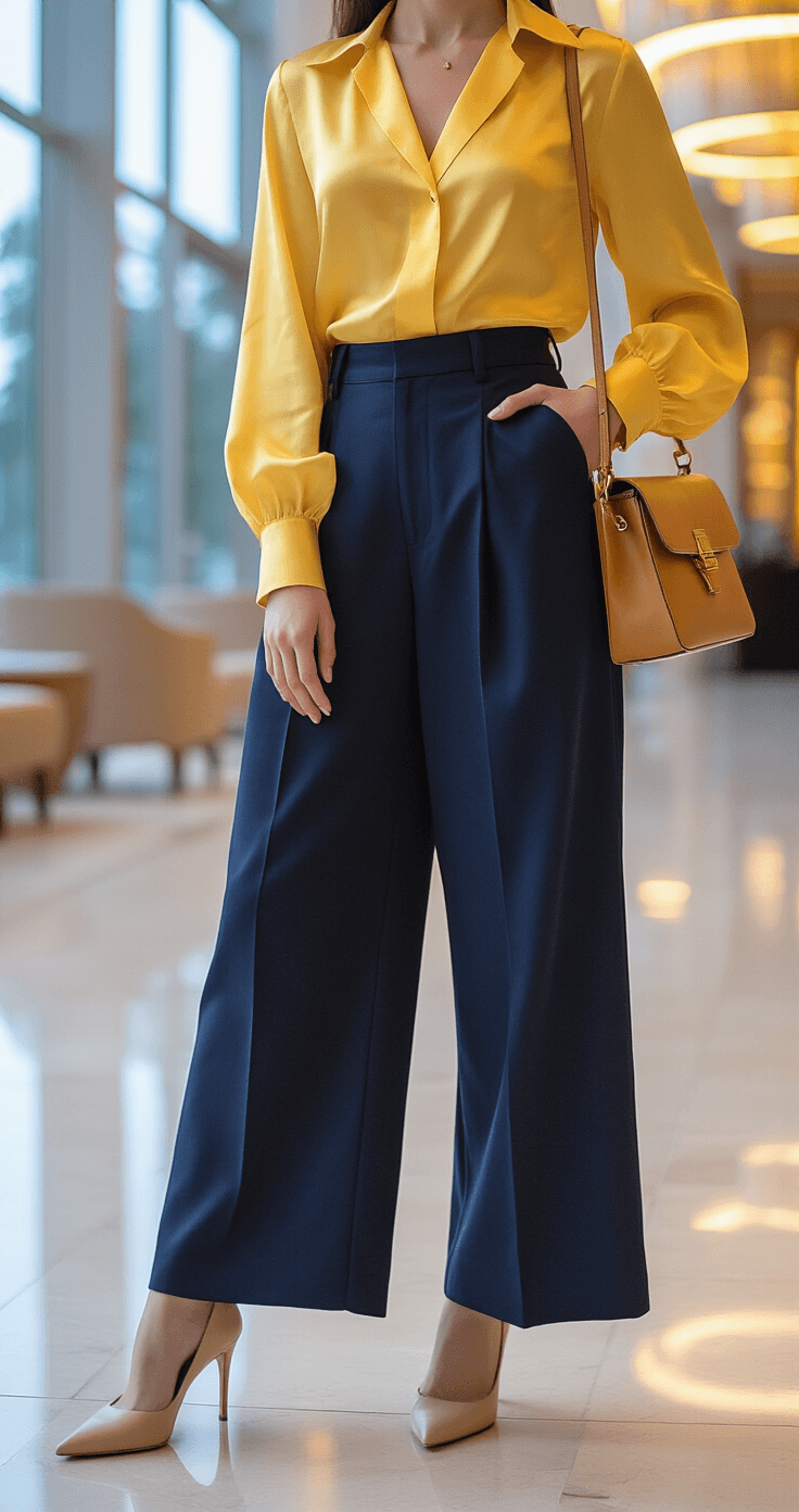 Sophisticated hotel lobby at twilight featuring a person in a vintage butter yellow silk blouse tucked into high-waisted navy trousers, complemented by a cognac leather bag and beige pumps, illuminated by warm brass lighting that highlights elegant accessories. Shot from a slightly elevated angle to showcase the movement of the trousers.