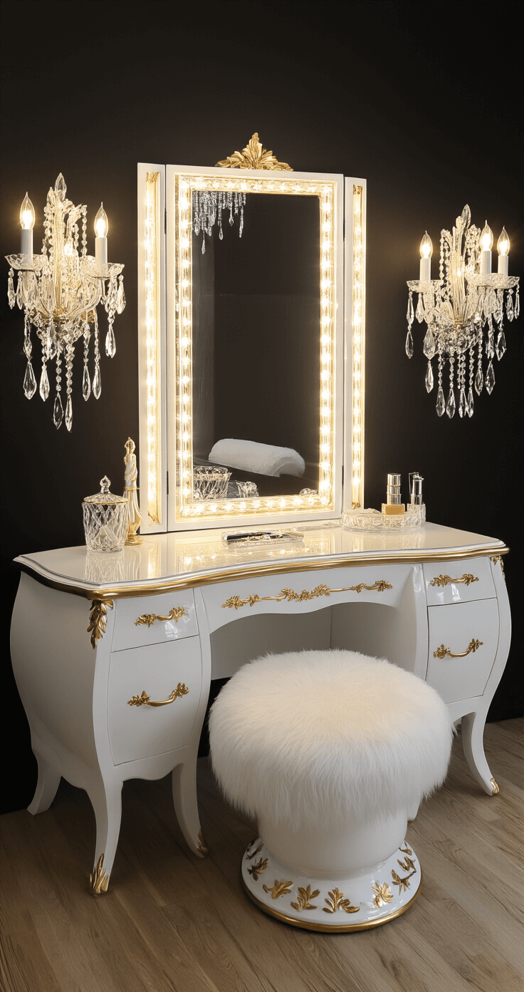 A luxurious master suite vanity area featuring Hollywood glamour influences, illuminated by crystal wall sconces and a tri-fold mirror, with a curved white lacquer vanity, gold leaf accents, and elegant glass and marble accessories. The setup includes a crystal chandelier and a plush white faux fur stool, framed in a bright white, champagne gold, and crystal clear color palette with black accents.