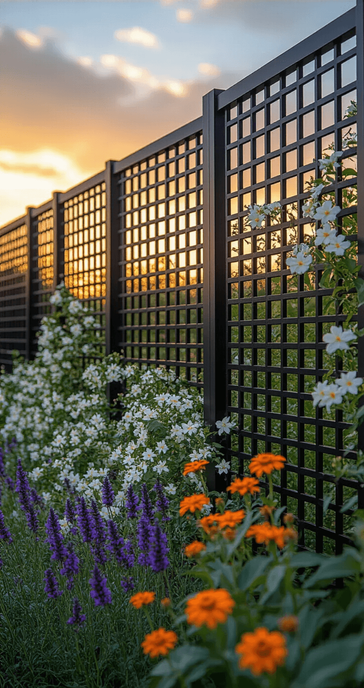 A ground-level view of a dramatic modern garden at golden hour, featuring a tall matte black metal fence with a geometric grid pattern, adorned with white climbing jasmine, vibrant purple salvias, and orange lantanas, illuminated by golden sunlight casting shadows.