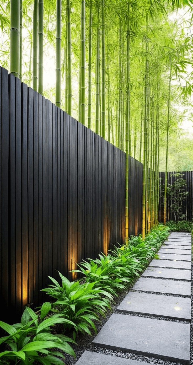 Wide-angle view of a contemporary bamboo garden with 6ft black-stained horizontal bamboo fencing, early morning light illuminating dewdrops on the bamboo stalks, layered green bamboo plants of varying heights, and a stone path with LED ground lighting.