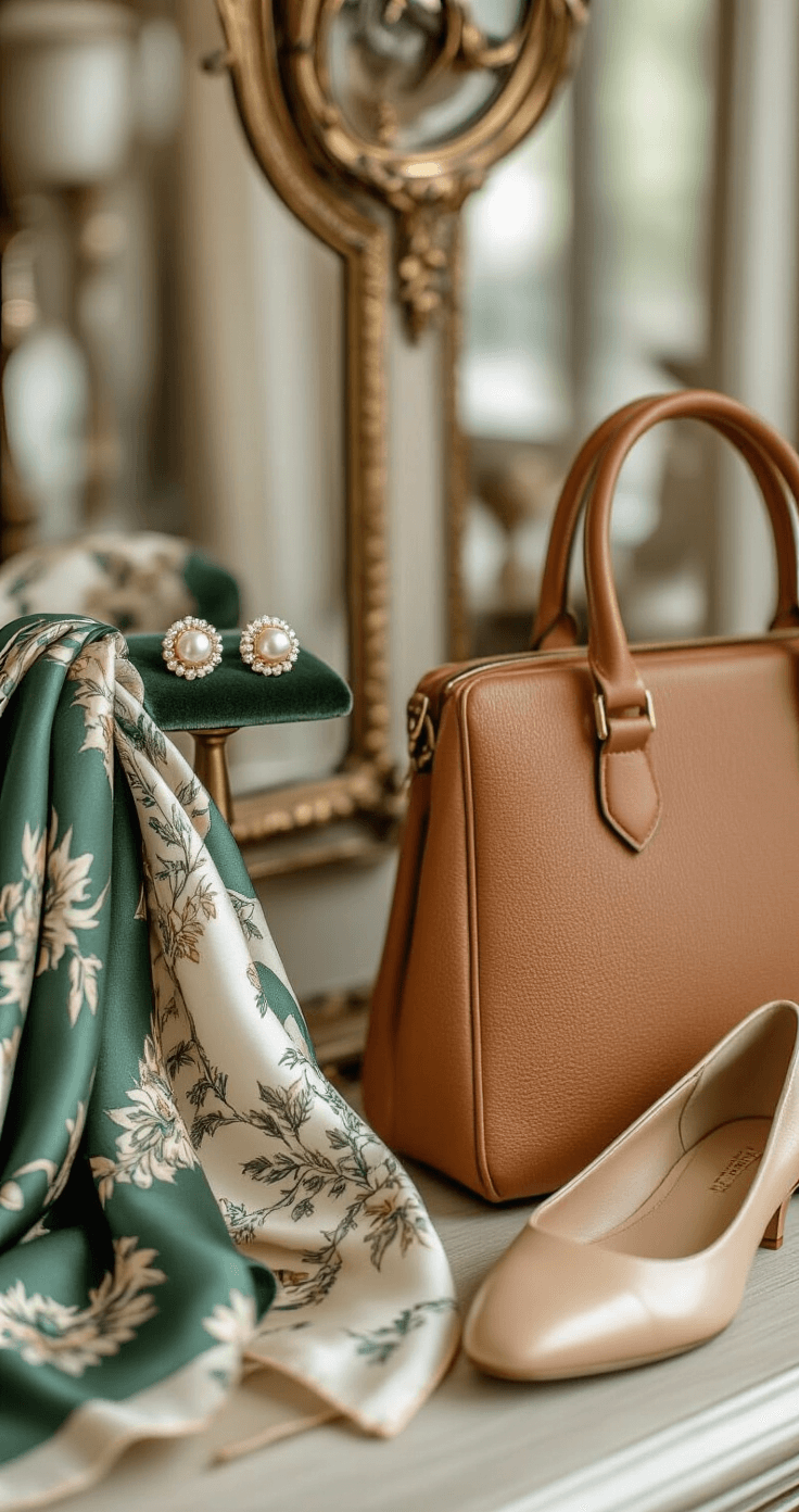 Close-up of curated fashion accessories in a vintage boutique: pearl stud earrings on velvet, a forest green and cream patterned silk scarf, a warm tan structured leather bag, and classic nude ballet flats, with an antique mirror and brass details in the background.