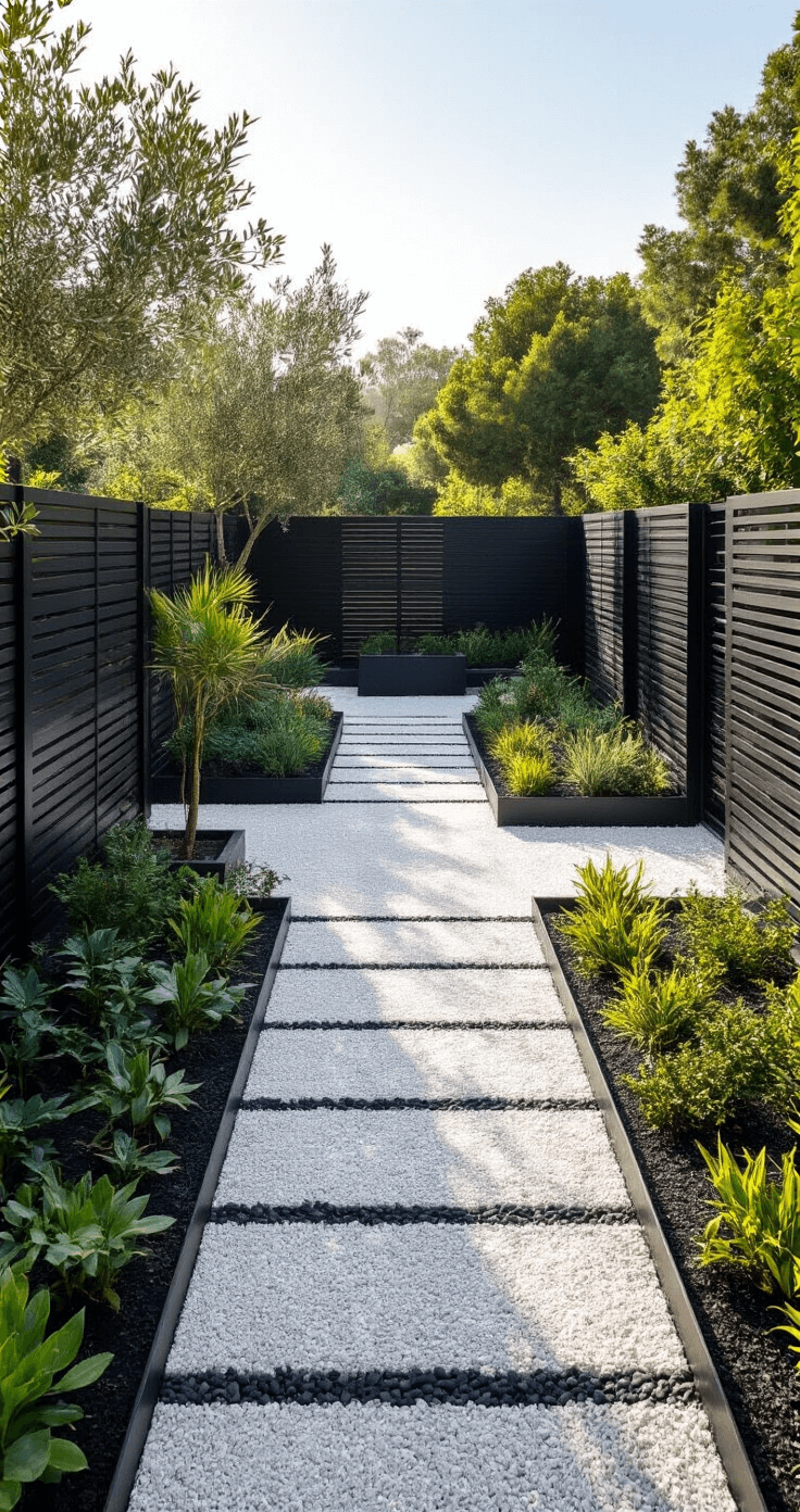 Overhead view of a geometric garden with black aluminum fencing, white gravel paths casting shadows, and structured Mediterranean plants in metal planters, all highlighted by morning light.