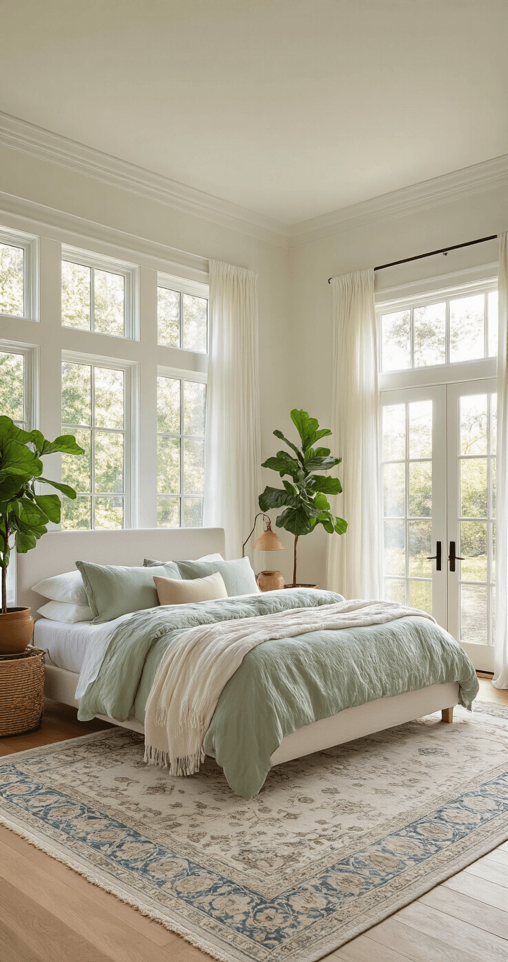 A sunlit master bedroom featuring a king-sized platform bed with organic cotton bedding, framed by tall windows draped in white linen. The room showcases white oak flooring, a vintage Persian rug, potted fiddle leaf figs, and earthy decor, captured in a warm, dreamy atmosphere.