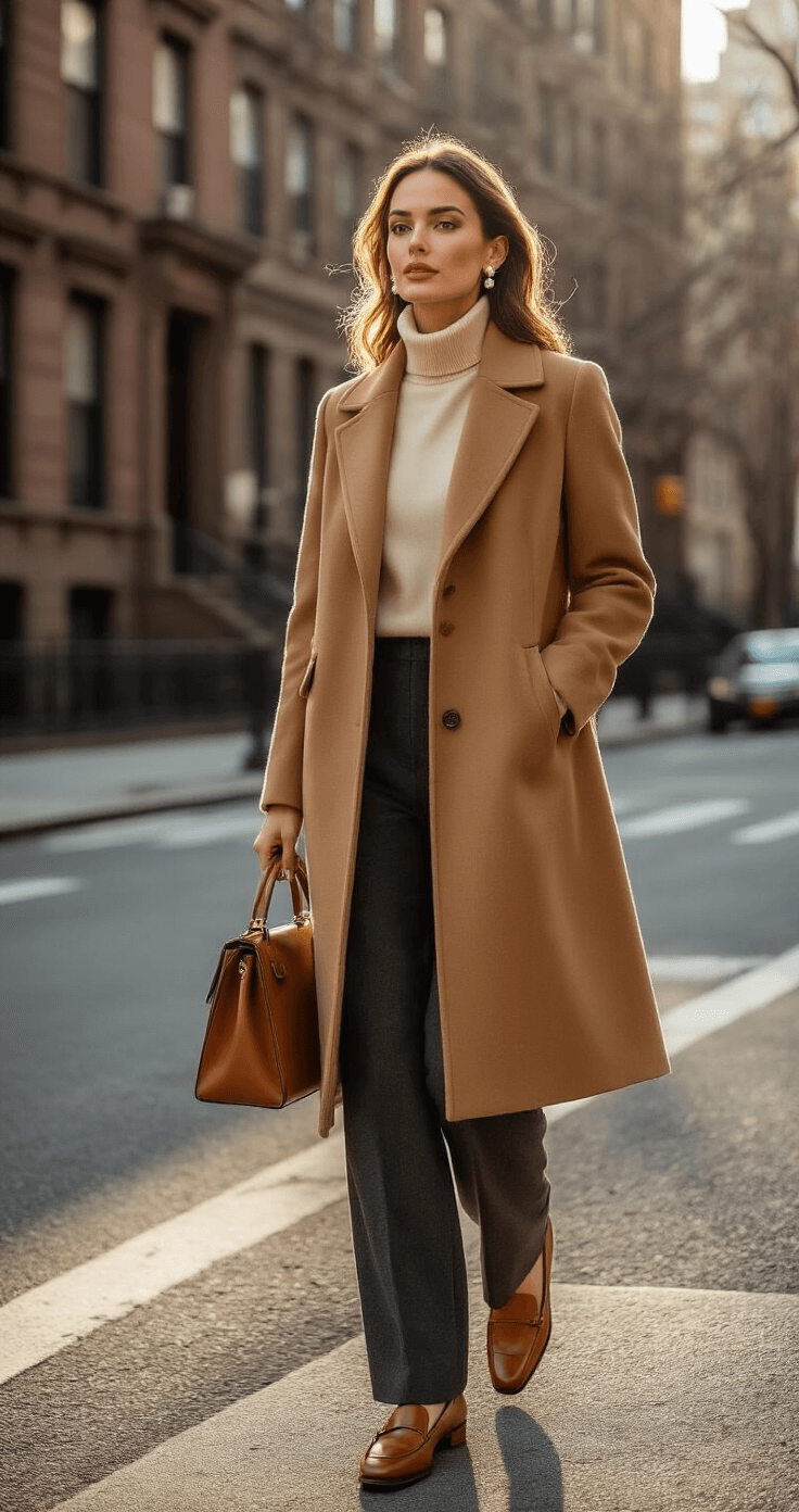A tall woman in a tailored camel wool coat and cream cashmere turtleneck stands on a sunlit Manhattan street corner during golden hour, with historic brownstone buildings and winter-bare trees in the background. Her charcoal trousers and cognac loafers complement her structured leather handbag, while pearl stud earrings glimmer in the warm light. The image is shot from a slight low angle, highlighting the coat's movement against a softly blurred background.