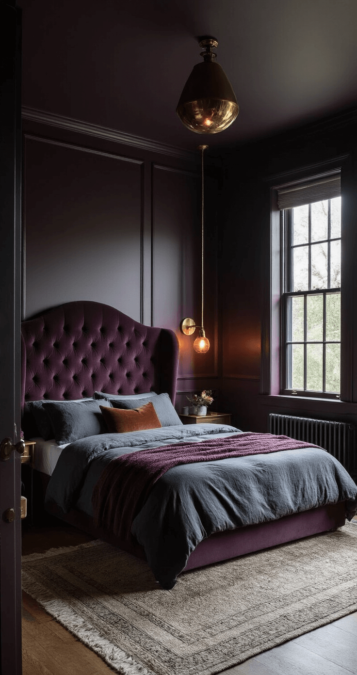A moody bedroom at dusk featuring walls in Benjamin Moore's 'Wrought Iron', with a tufted velvet headboard in deep aubergine and charcoal linens on a queen bed, illuminated by warm brass sconces, emphasizing rich textures and dramatic shadows.