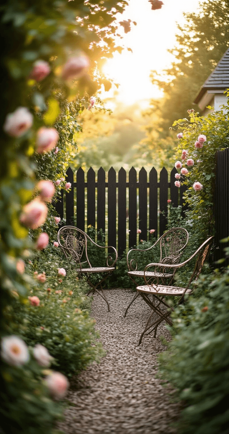 A cozy cottage garden surrounded by distressed black wooden fencing, bathed in golden afternoon light, featuring climbing clematis and heritage roses, vintage metal chairs, and copper accessories in a dreamy, softly blurred setting.