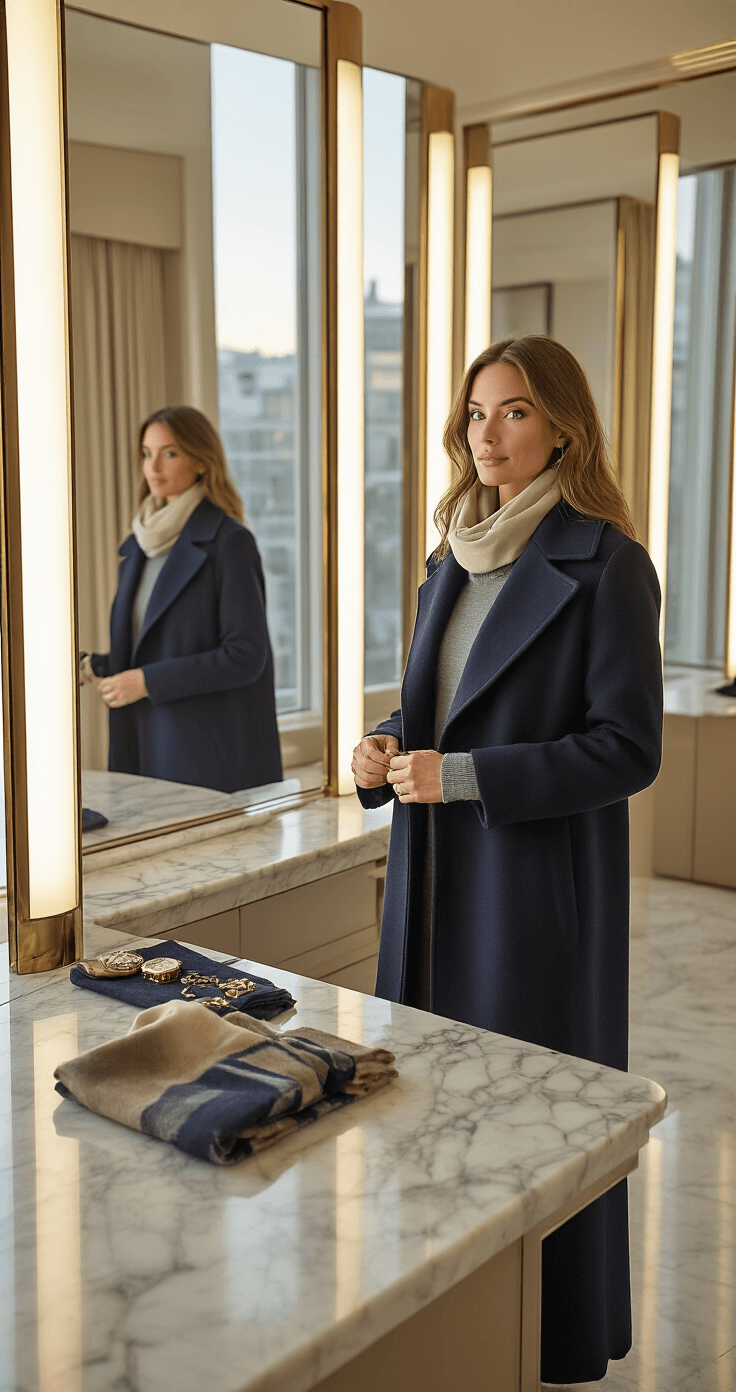A woman adjusts her navy wool overcoat in a luxurious dressing room with floor-to-ceiling windows. The soft morning light illuminates her reflection in a triple mirror. She is wearing a grey merino crew neck sweater and cream tailored chinos. On a marble-topped island behind her, leather gloves, a silk scarf in muted tones, and a vintage watch are neatly arranged.
