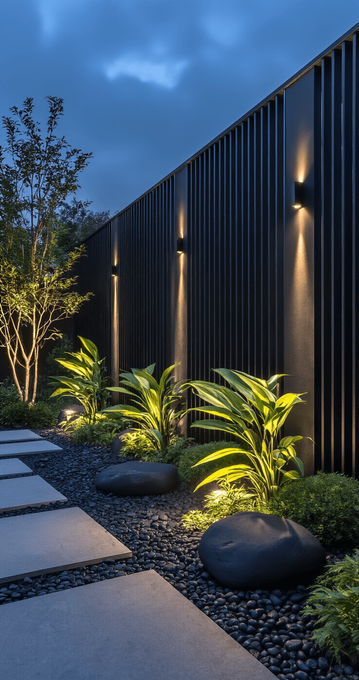 A dramatic night scene featuring a 7ft contemporary black steel fence illuminated by uplighting, surrounded by a minimalist Japanese-inspired garden with black river rocks and architectural plants. The low-angle shot highlights the fence's height, while mixed lighting creates a contrast of cool LED spots and warm accents on the specimen plants.
