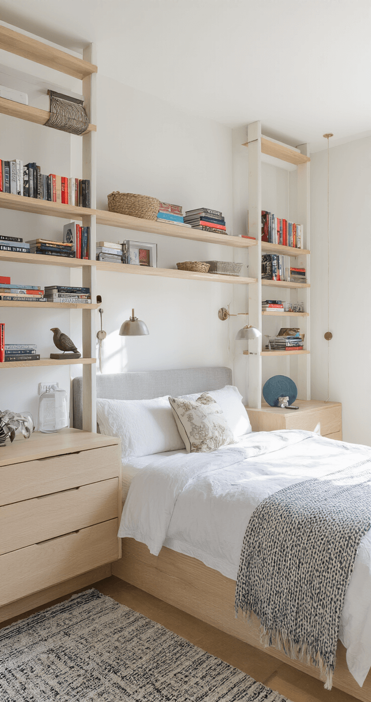 Brightly lit 10x12ft bedroom featuring custom floating nightstands, a storage bed in bleached oak, and vertical shelving, all arranged to maximize space. A multi-functional ottoman provides seating and storage, with a clean white backdrop highlighting colorful book spines and metallic accents.