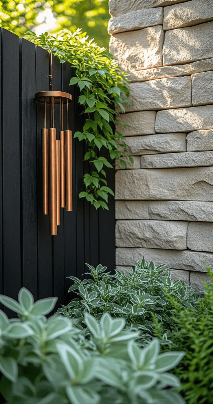 Detail shot of a rustic-modern garden corner featuring a black wooden fence and stone wall, with morning light highlighting textures, copper wind chimes, and trailing silver dichondra, showcasing rich surface details in a natural setting.