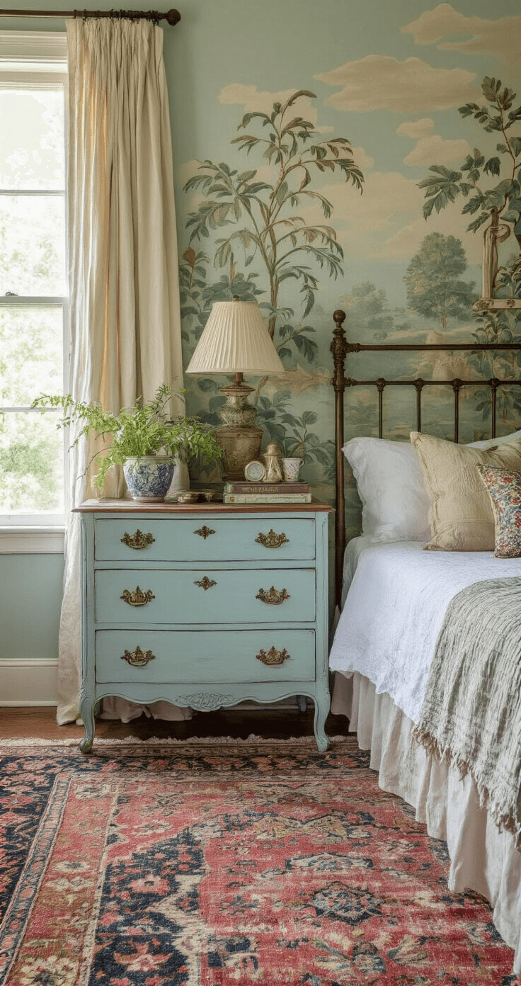 A cozy 15x15ft vintage bedroom filled with afternoon light, featuring a DIY chalk-painted duck egg blue French provincial dresser, restored brass hardware, a hand-painted botanical mural, and an upcycled iron bed frame, complemented by layered vintage rugs in faded jewel tones.