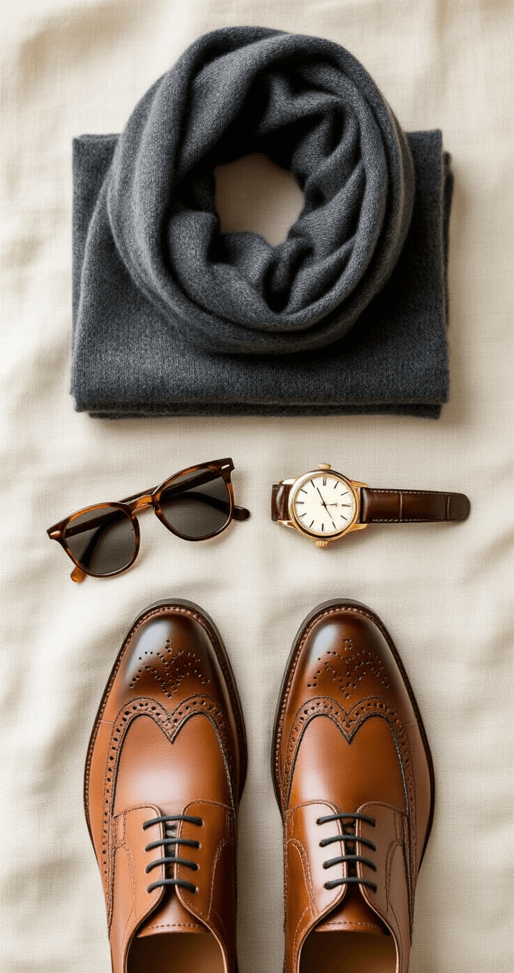 Close-up detail shot of winter wardrobe essentials on a cream linen backdrop, featuring a folded charcoal cashmere scarf, brown leather brogues with subtle patina, horn-rimmed sunglasses, and a vintage gold watch with leather strap, highlighting texture and quality with shallow depth of field.