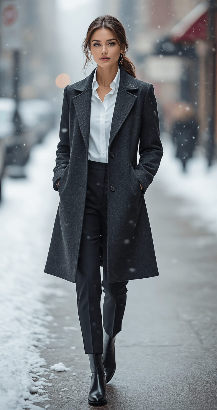 A street scene on Park Avenue during a light snowfall, featuring a model in a knee-length charcoal wool coat, white oxford shirt, black wool trousers, and polished black leather boots, with her hair in a low chignon and minimal gold jewelry. The photograph captures the magical winter atmosphere from a street-level perspective.