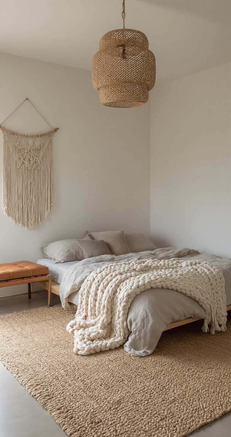 Contemporary bedroom with soft morning light, featuring a low-profile platform bed in rumpled Belgian linen on an oversized jute rug, a leather bench with chunky knit throws, a macramé wall hanging, and an intricate rattan pendant casting shadows.