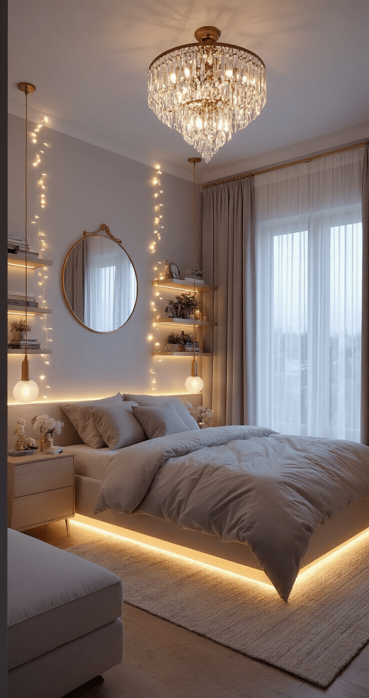 A twilight bedroom featuring light layering with a dim crystal chandelier, brass sconces, twinkling fairy lights, glowing LED strips, and strategically placed mirrors reflecting the ambiance.