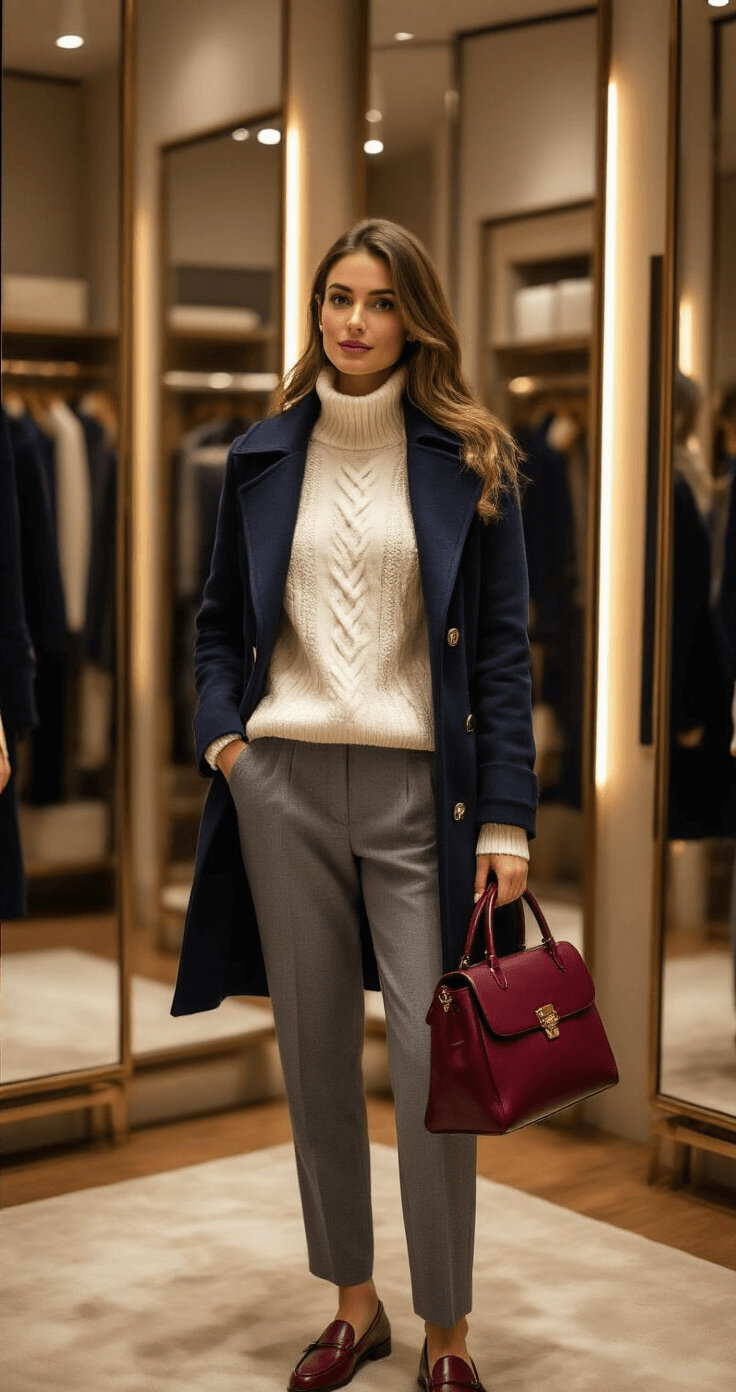 A woman trying on a classic navy peacoat over an ivory cable-knit sweater in a luxury boutique fitting room with warm ambient lighting, paired with tailored grey wool trousers and burgundy leather loafers, surrounded by multiple mirrors reflecting the stylish ensemble.