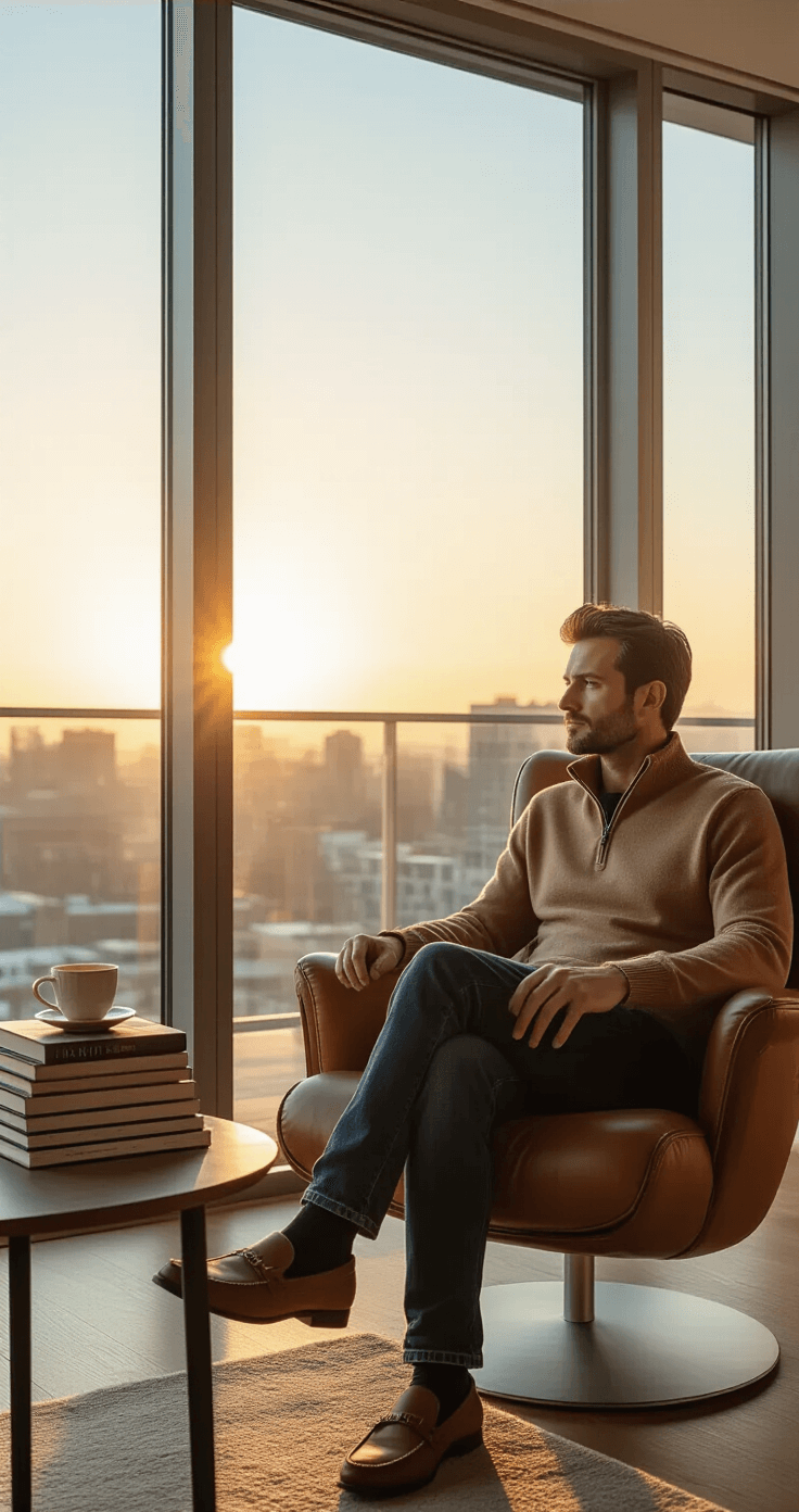 A person seated in a leather armchair, wearing a camel cashmere pullover, dark denim jeans, and brown suede loafers, in a minimalist apartment with sunset light streaming through floor-to-ceiling windows; a stack of art books and a cup of tea on a side table.