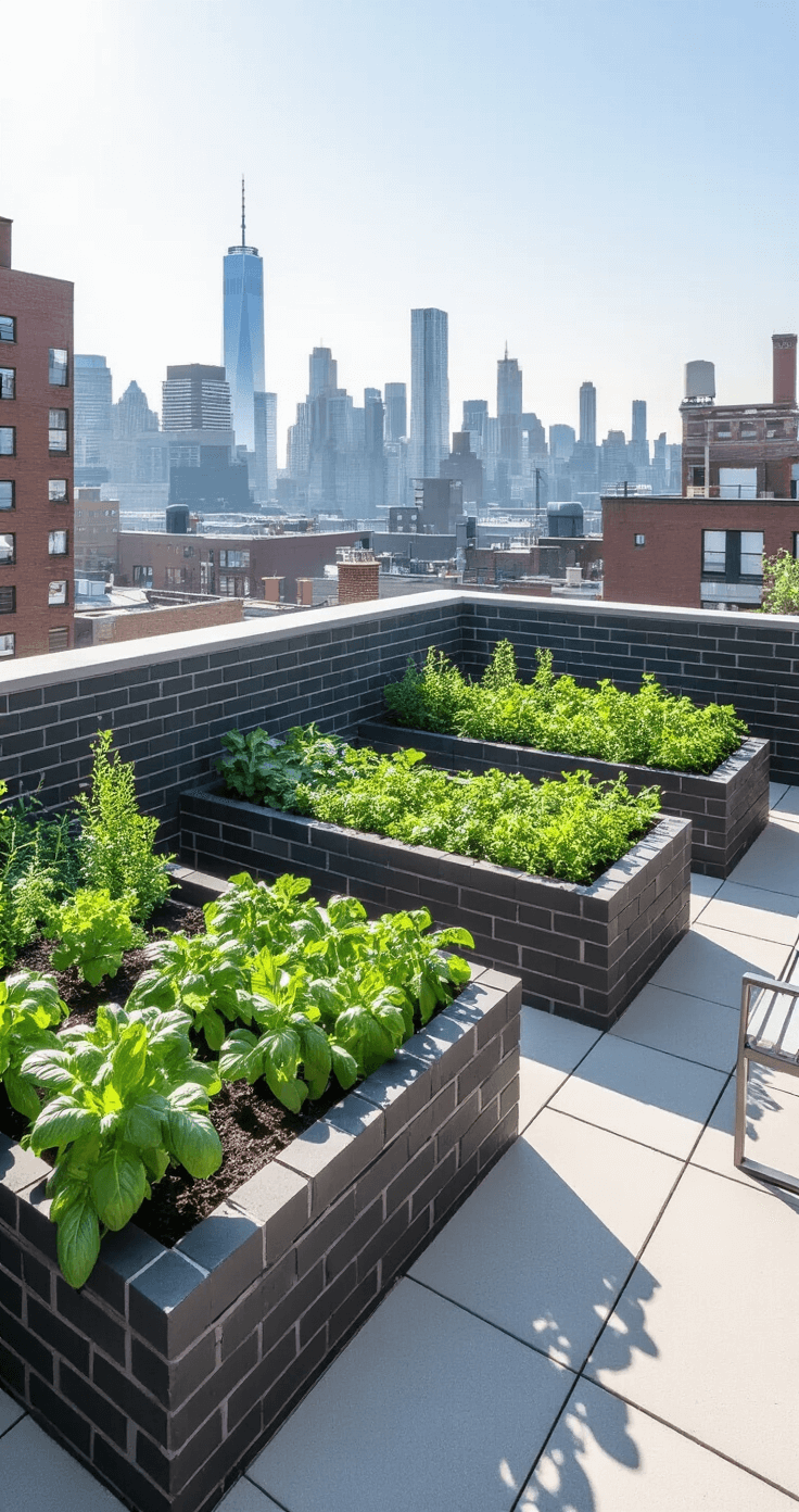 Modern rooftop garden featuring raised brick planter beds in a minimalist design, showcasing bright green vegetables and herbs, with a backdrop of an urban skyline and stainless steel furniture.