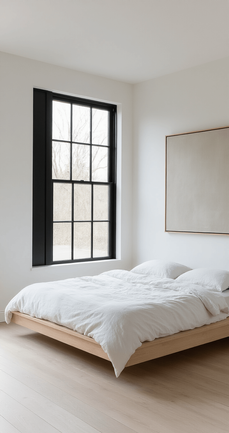 A minimalist Scandinavian bedroom featuring whitewashed walls and pale oak floors, with a natural pine platform bed dressed in white linens under a large black-framed window. An oversized abstract canvas in greige tones serves as the focal point, captured in crisp morning light.