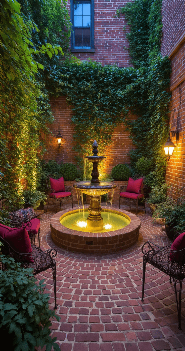 Intimate twilight courtyard garden featuring an antique fountain at the center of a 20'x20' space enclosed by 8' weathered brick walls adorned with climbing vines. Circular patio made of reclaimed Victorian bricks in a basket weave pattern, surrounded by vintage iron furniture with plush deep jewel-toned cushions. Soft uplighting accentuates the textural surfaces, while warm artificial lighting enhances the cozy atmosphere. A long exposure captures the gentle movement of water from the fountain.