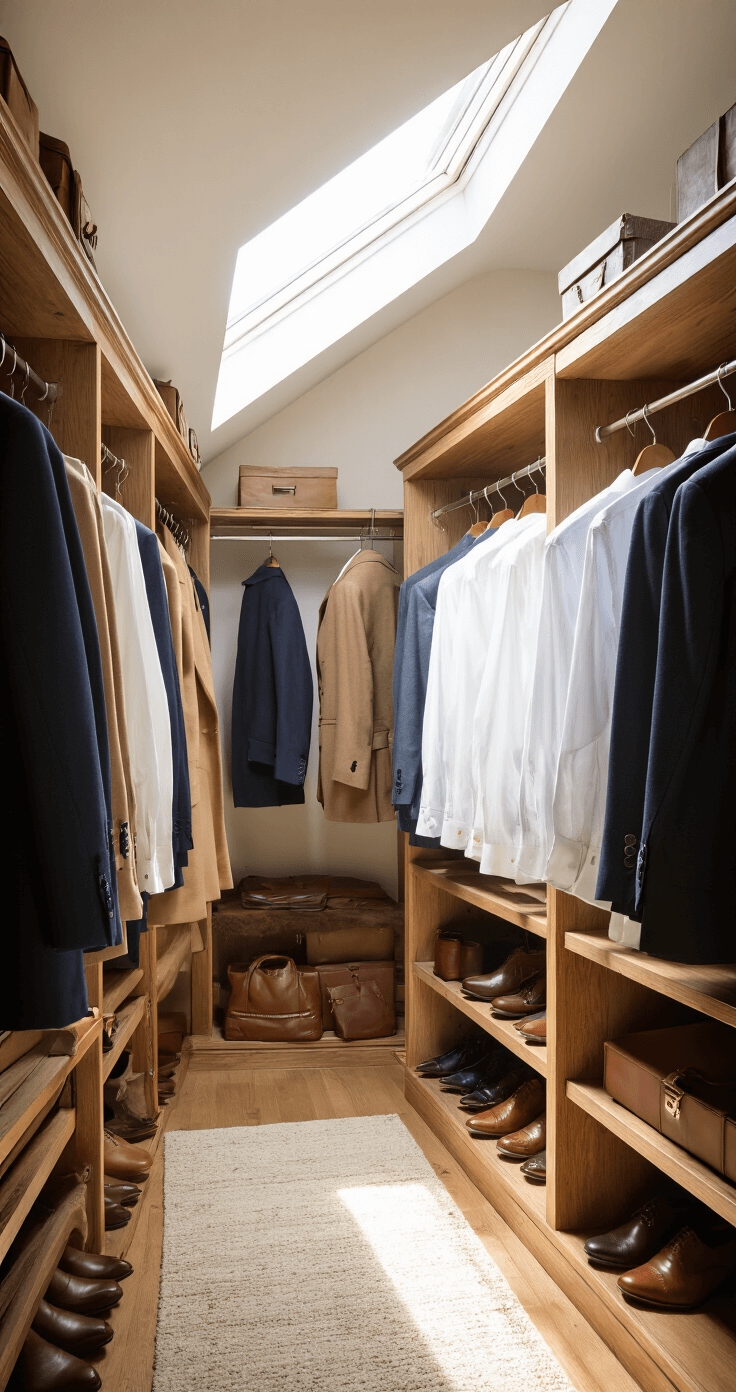 A stylish walk-in closet featuring a curated winter wardrobe with wool coats in navy, camel, and charcoal on wooden hangers, pressed trousers, and crisp white shirts, alongside organized leather accessories and shoes, illuminated by early morning light from a skylight casting dramatic shadows.