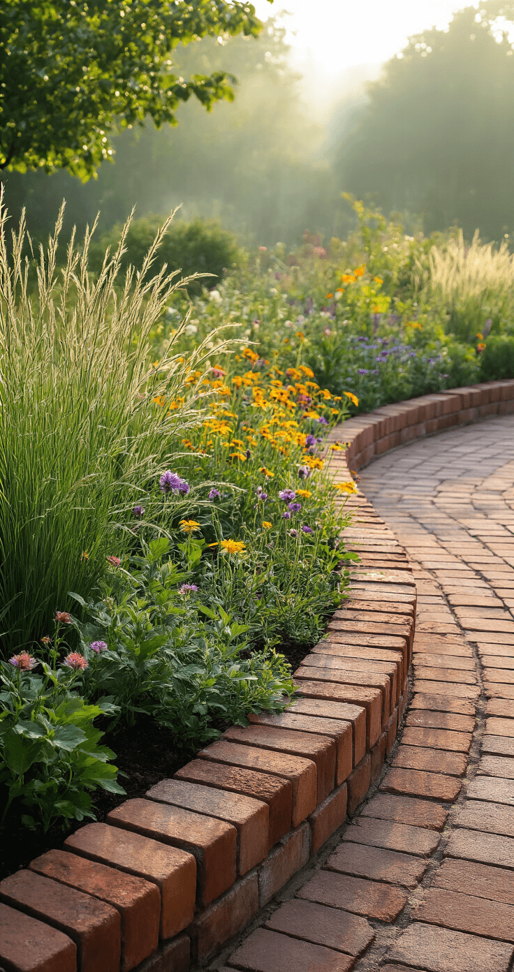 Eco-friendly garden border featuring a 30-foot curved design of salvaged vintage bricks in earthy reds and browns, complemented by native plants and a soldier course edge of wildflowers. Morning dew glistens on architectural grasses, with soft diffused light illuminating the scene through morning mist, highlighting the brick patina and vibrant wildflower colors.