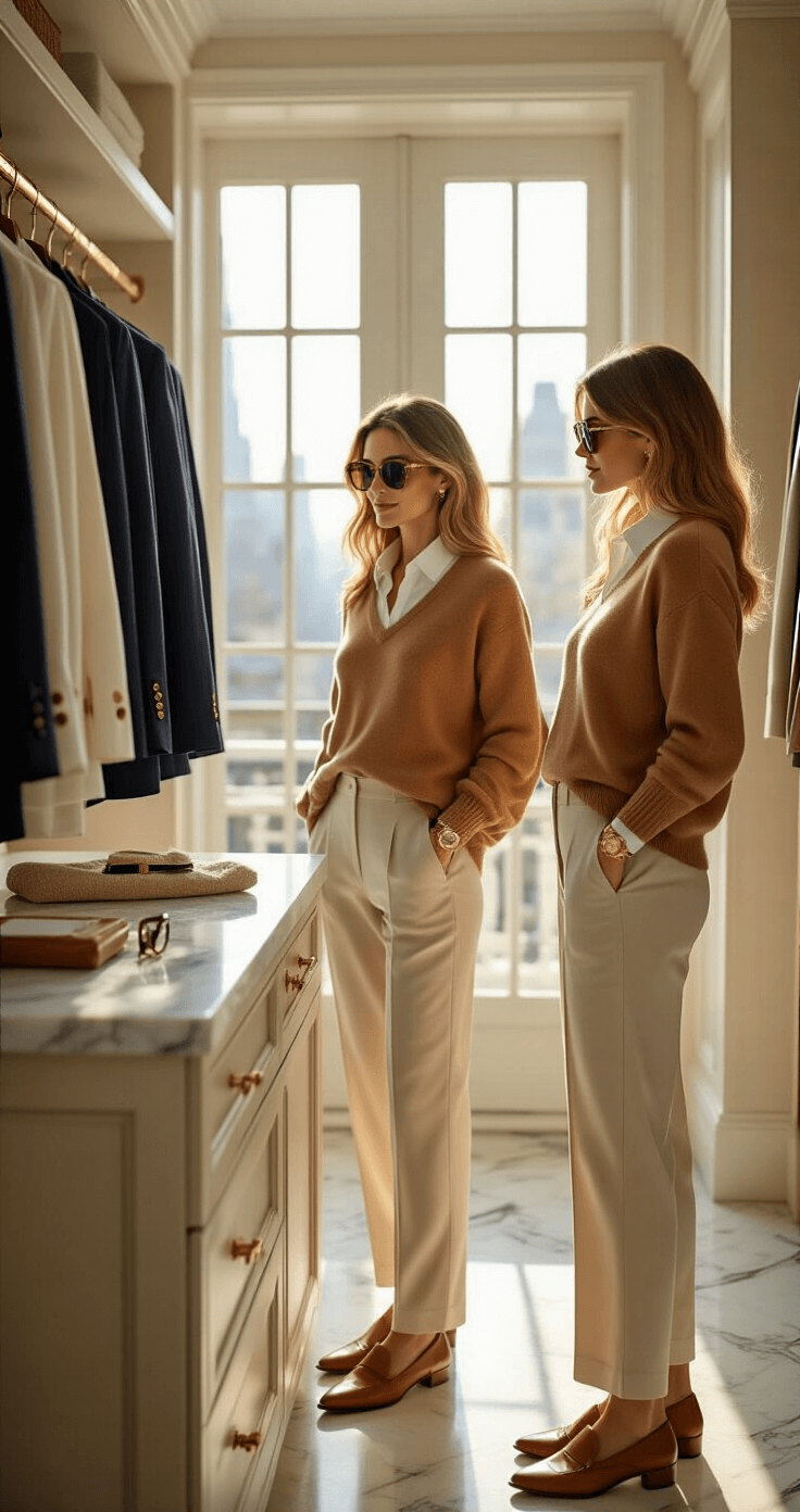 A sunlit Manhattan townhouse master closet filled with neatly arranged wardrobe items, featuring a woman in a camel cashmere sweater and cream wool trousers, selecting pieces for her capsule wardrobe amid natural light streaming through large windows. Tortoiseshell sunglasses and a gold watch are placed on a marble-topped island.