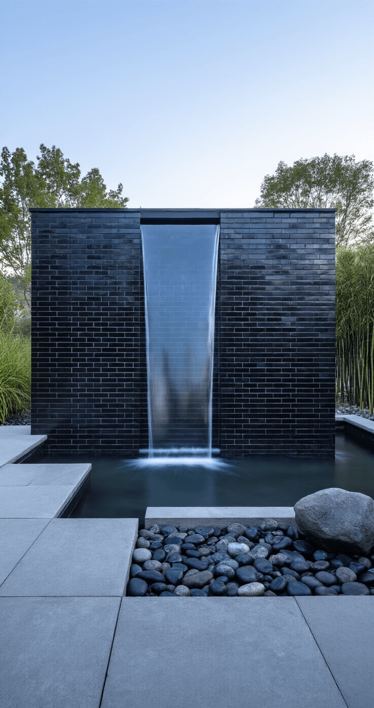 Contemporary meditation garden featuring a 6-foot-tall rectangular water wall made of glazed black bricks, with water flowing over it, surrounded by minimal planting of black bamboo and river rocks, captured in cool blue hour light with a long exposure effect.